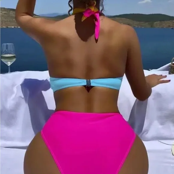 Tri color halter top one piece bathing suit - Picture 6 of 6